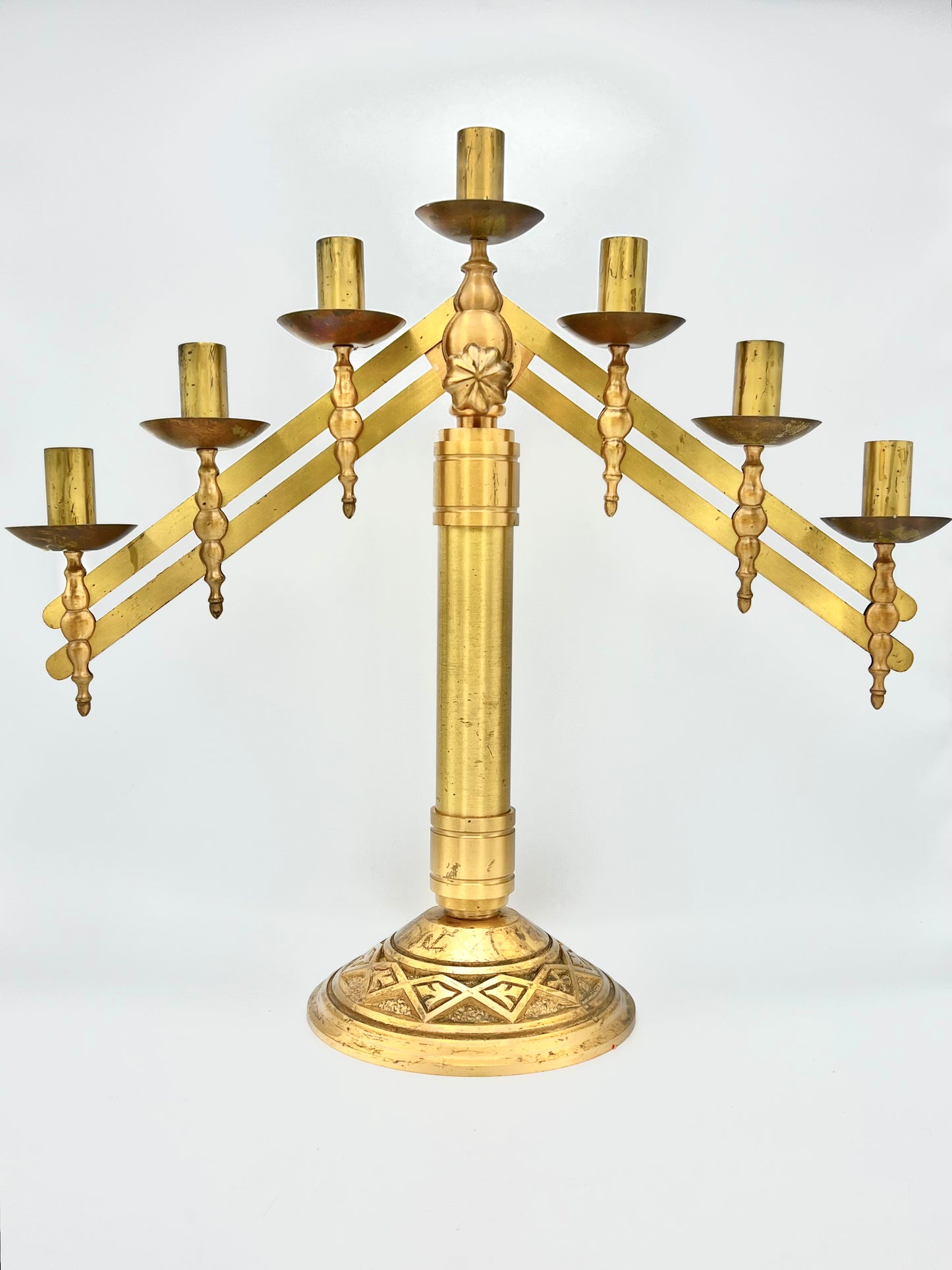 1930's Antique Altar Brass Candelabra - Adjustable 21" Church Altar 7 Light Candlestick Holder