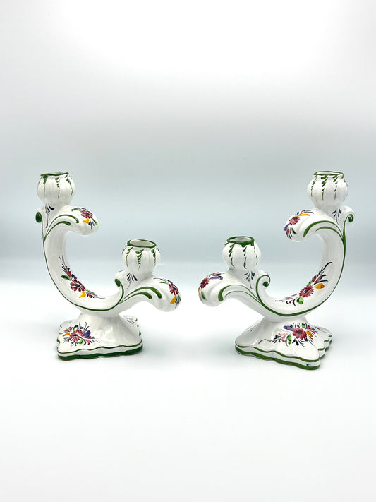 Antique Porcelain Pair of Candlestick Holders Hand-painted from Portugal
