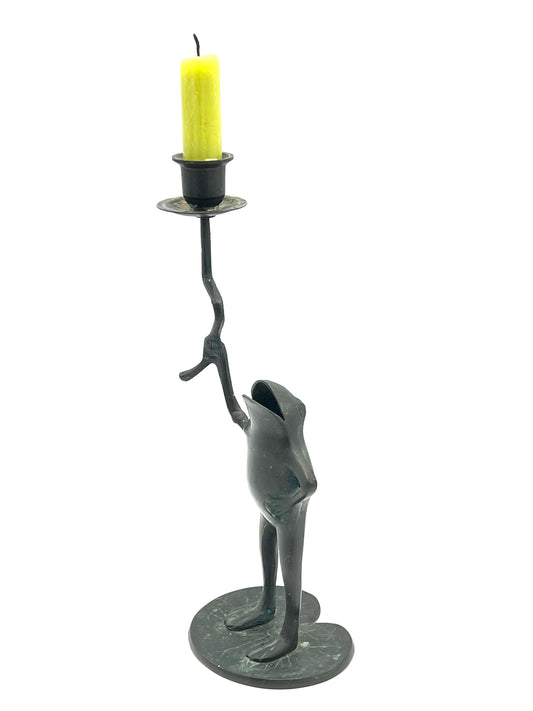 Vintage Green Patina Frog on Lily Pad Candlestick Holder