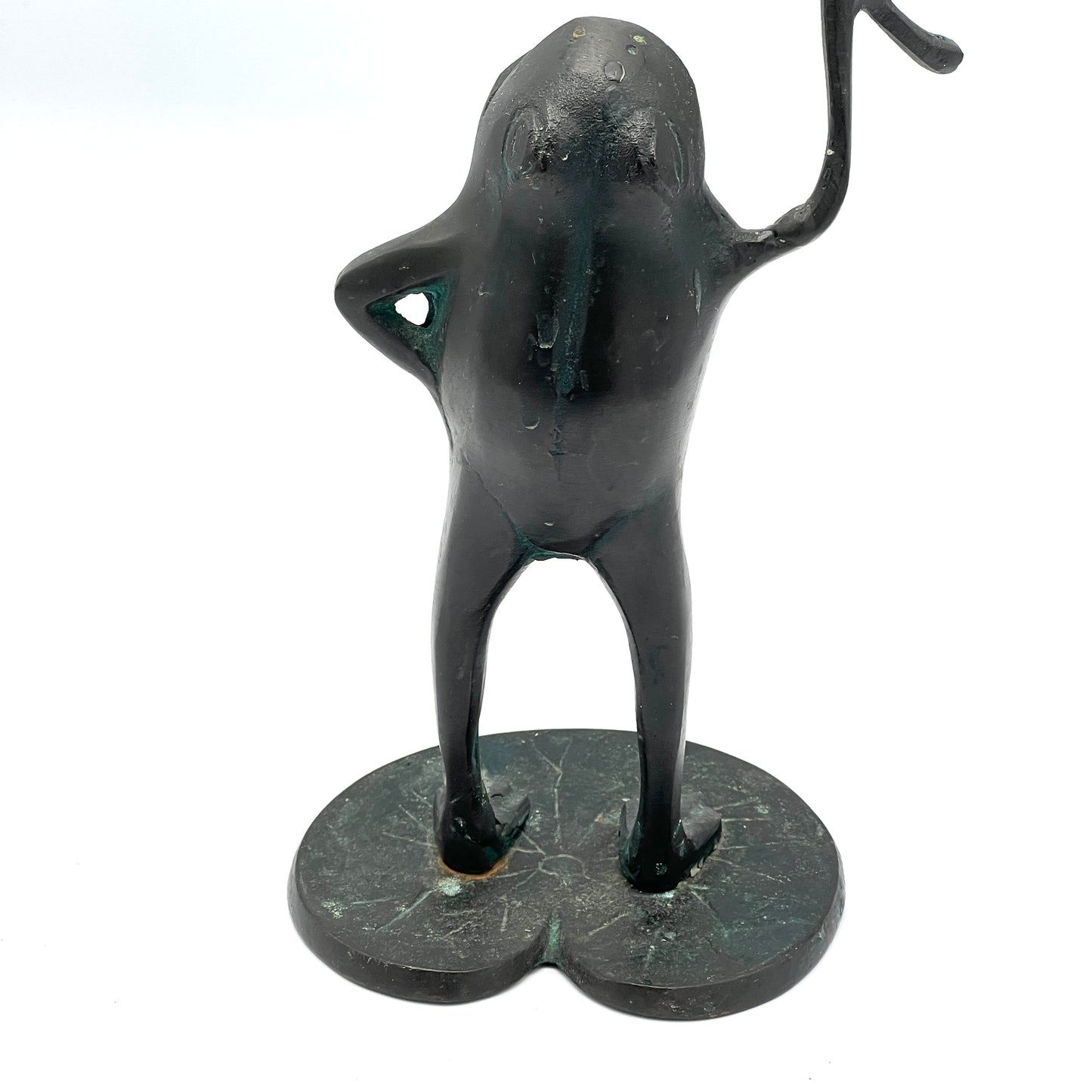 Vintage Green Patina Frog on Lily Pad Candlestick Holder