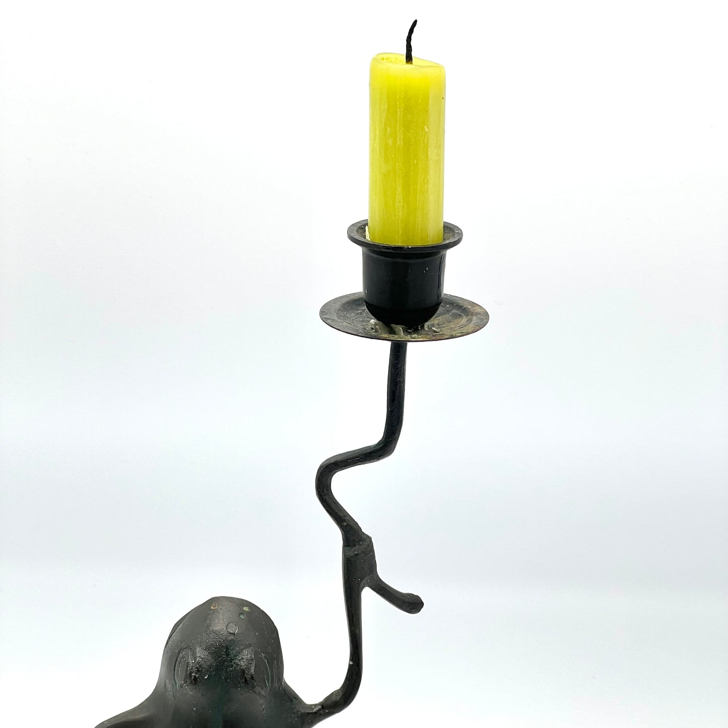 Vintage Green Patina Frog on Lily Pad Candlestick Holder