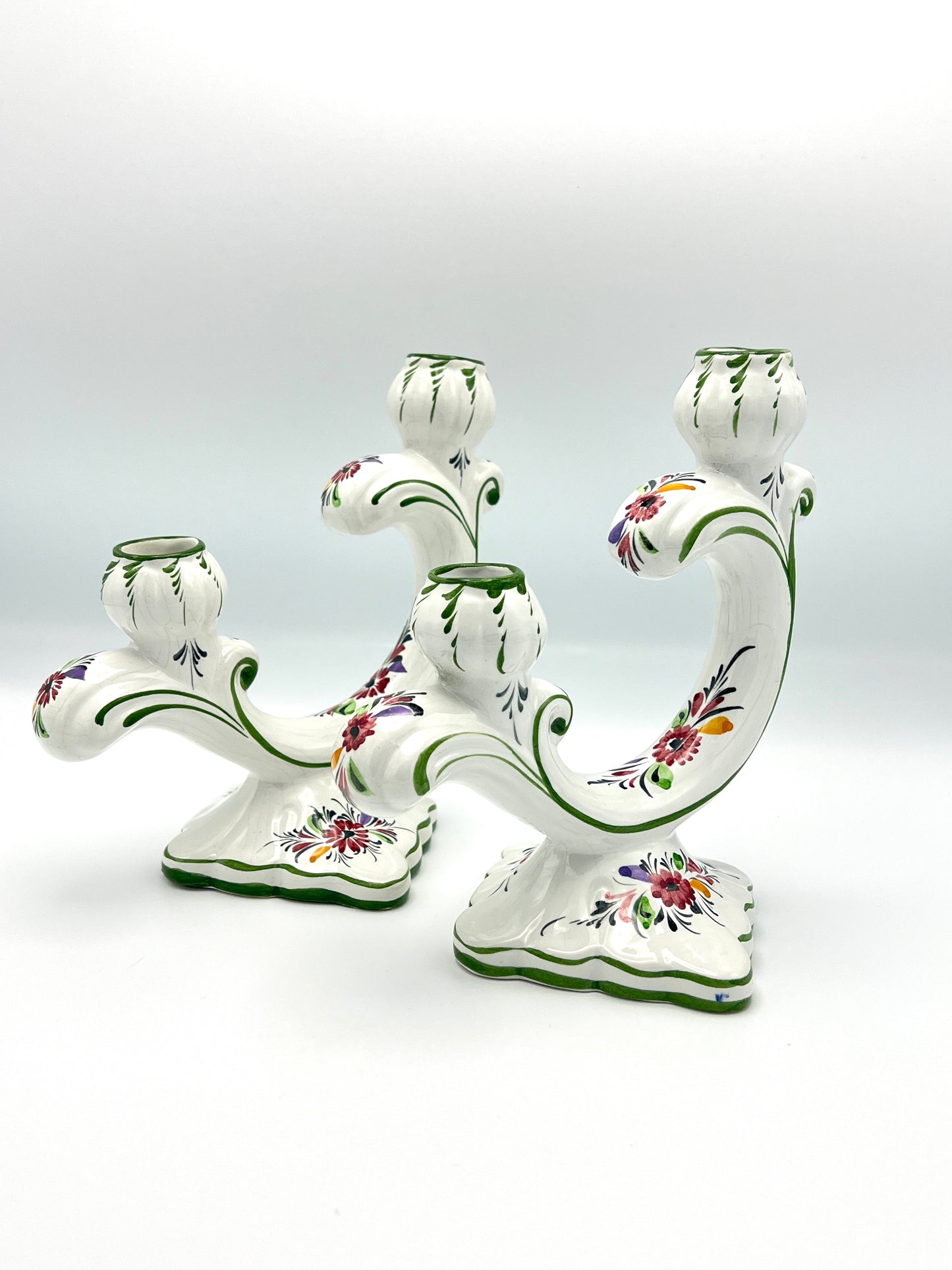 Antique Porcelain Pair of Candlestick Holders Hand-painted from Portugal