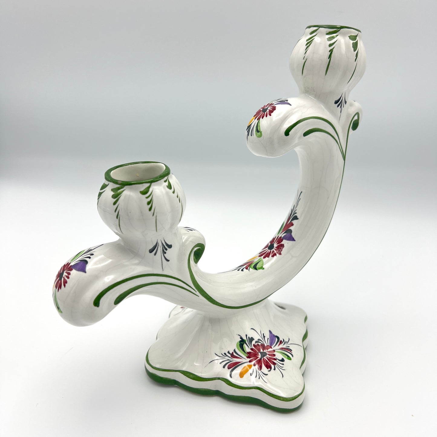 Antique Porcelain Pair of Candlestick Holders Hand-painted from Portugal